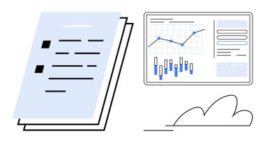 Grafikleri ve grafikleri yukarı doğru eğilimli gösteren dijital bir gösterge panelinin yanındaki belgeler. Finansal raporlar, iş analizleri, veri görselleştirmesi, şirket sunumları, finans genel değerlendirmeleri için ideal