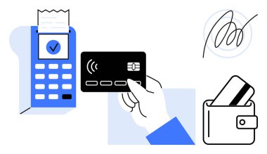 Ödeme terminali, makbuz ve cüzdanın yanında bir kredi kartı tutuyor. Dijital işlemler, e-ticaret, bankacılık, finans hizmetleri, mobil ödeme perakende ve teknoloji için ideal. Çizgi