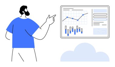 İşadamı interaktif bir ekran görüntüleme hattı, çubuk grafikleri, veri tabloları ve grafiklerine işaret ediyor. Veri analizi, iş sunumları, kurumsal eğitim, istatistik incelemesi için ideal