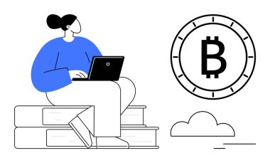 Büyük bir Bitcoin sembolü ve küçük bir bulutun yanında dizüstü bilgisayar kullanarak istiflenmiş kitapları düşünün. Kripto para birimi eğitimi, dijital finans, çevrimiçi öğrenme, teknoloji eğilimleri, fintech, yatırım için ideal