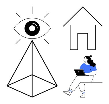 Dizüstü bilgisayarlı bir kadın, büyük göz piramidinin yanında, basit bir ev çizgisi. Uzaktan çalışma, vizyon, ev ofisi, odaklanma, teknoloji, iş hayatı dengesi, yaratıcılık için ideal. Satır metaforu