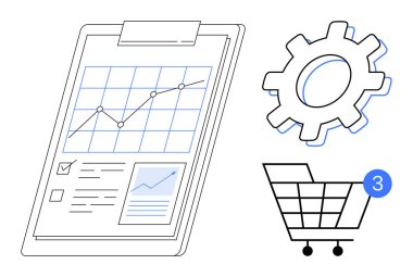 Çizelgede yukarı doğru trend çizgisi, kontrol listeleri, vites simgesi ve üç numaralı alışveriş arabası var. İş geliştirme, e-ticaret, üretkenlik, analitik ve yönetim için ideal