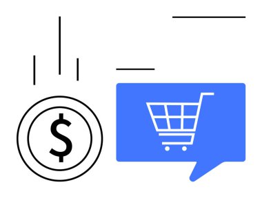 Hız çizgileri olan dolar sembolü para düşüşü, alışveriş arabası ikonu içeren mavi konuşma balonu ve minimalist soyut çizgiler. Ekommerce, çevrimiçi ödemeler, mali işlemler, perakende satış için ideal