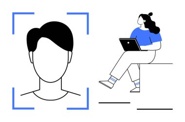 Baş siluetinin etrafında geniş bir yüz tanıma çerçevesi, dizüstü bilgisayarı olan bir kadın. Teknoloji, kimlik doğrulama, güvenlik, uzak çalışma, dijital çözümler, çevrimiçi eğitim için ideal