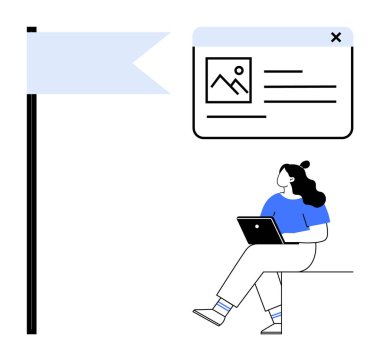 Dizüstü bilgisayarlı bir kadın, pencerenin önünde bayrağın yanında duran içeriği inceliyor. Web geliştirme, blog yazma, içerik oluşturma, dijital pazarlama, kullanıcı arayüzü tasarımı, üretkenlik araçları için ideal