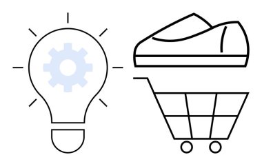 İçinde ekipman bulunan ampul, çevrimiçi perakende satış için bir alışveriş arabasındaki bir ayakkabı eşliğinde yenilikçi fikirleri temsil ediyor. E-ticaret, yenilik, iş, pazarlama, teknoloji ve perakende için ideal
