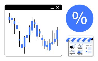 Bir web tarayıcı penceresinde şamdan şeması, yüzde sembolü ve çevrimiçi depo sayfası. Finans, e-ticaret, piyasa analizi, yatırım, web tasarım iş stratejileri SEO için idealdir. Satır metaforu