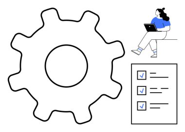 Dişliler süreci temsil eder, kadın dizüstü bilgisayardaki kontrol listesini analiz eder, kontrol işaretli görevler yapar. Üretkenlik, iş akışı yönetimi, iş stratejisi, görev öncelikleri, proje planlaması, verimlilik için ideal