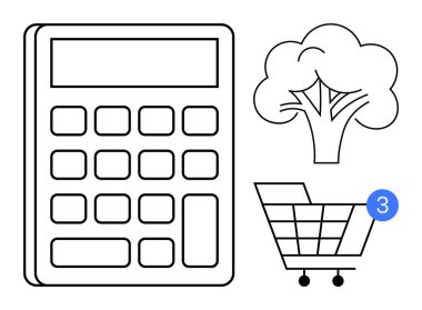 Bildirim sembollü basitleştirilmiş hesap makinesi, ağaç ve alışveriş arabası. Finans, alışveriş, çevre, çevre bilinci, online siparişler tasarruf zamanı yönetimi için idealdir. Satır metaforu