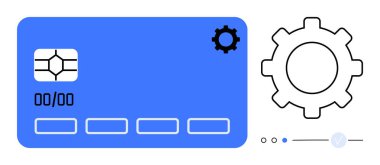 Büyük vites simgesi ve ilerleme göstergeleriyle birlikte çipli ve çoklu alanlı kredi kartı. Finansal hizmetler, teknoloji, e-ticaret, mobil uygulamalar, siber güvenlik, bankacılık için ideal