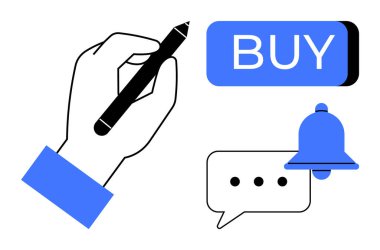 Mavi satın alma düğmesinin yanında el ele tutuşma, bildirim zili, ve noktalı sohbet balonu. E-ticaret, çevrimiçi alışveriş, dijital pazarlama, bildirimler, iletişim, müşteri hizmetleri için ideal