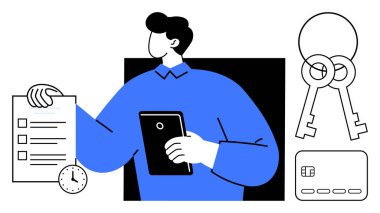 Anahtarlar, kredi kartı ve saatle çevrili bir kontrol listesi ve tablet tutuyor. Emlak yönetimi, zaman yönetimi, organizasyon, dijital araçlar, gayrimenkul ticareti planlaması için ideal