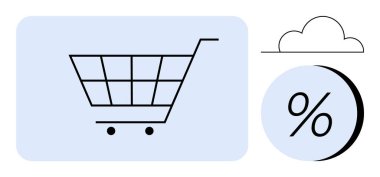 Alışveriş arabası ve bulut anahatlarının yanında yüzde işareti. E-ticaret, indirim, satış, çevrimiçi alışveriş, pazarlama, perakende tanıtım ve dijital piyasa için ideal. Satır metaforu