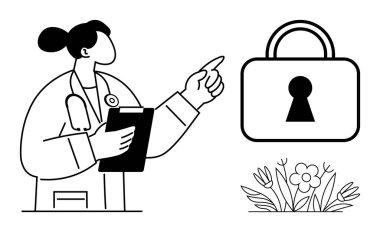 Sağlık bakımı uzmanı panoyu tutuyor ve veri güvenliğini sembolize eden anahtar deliğiyle büyük asma kilidi işaret ediyor. Yakınlarda çiçekler açıyor. Tıbbi güvenlik, sağlık, gizlilik politikaları için ideal