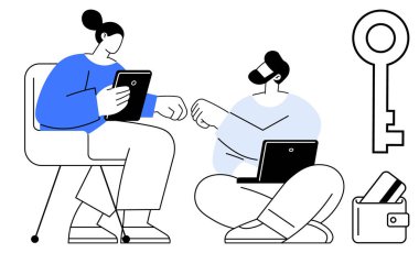 Tabletler ve dizüstü bilgisayarlarla etkileşime girerken iki kişi yumruk tokuşturuyor. Yakınlarda büyük bir anahtar ve cüzdan var. Takım çalışması, teknoloji işbirliği, güvenlik, başarı kavramları, dijital etkileşim, iş dünyası için ideal