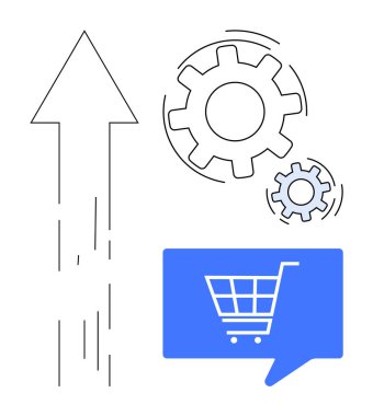 Yukarı ok, optimizasyonu sembolize eden vitesler, ve e-ticareti gösteren mavi sohbet baloncuğunun içindeki alışveriş arabası. İş büyümesi, e-ticaret, süreç optimizasyonu, teknoloji, çevrimiçi için ideal