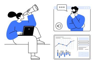 Bilgisayarı olan bir kişi teleskop kullanıyor, video görüşmesi sırasında düşünen başka bir kişi, ekranda veri tabloları. Uzak çalışma, iş stratejisi, çevrimiçi toplantılar, veri analizi, takım çalışması, piyasa için ideal