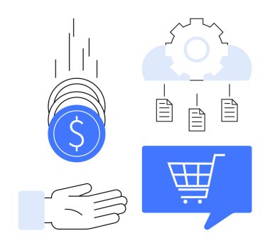 Düşen paraları yakalamak, teçhizatlı bulut yapılandırma dosyaları, e-ticaret alışveriş arabası. Çevrimiçi iş, e-ticaret, fintech, dijital dönüşüm, iş akışı otomasyonu, bulut depolama için ideal