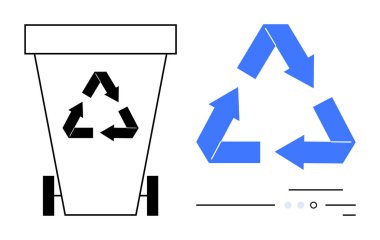 Solunda siyah geri dönüşüm sembolü olan geri dönüşüm kutusu, sağında mavi geri dönüşüm sembolü. Çevre koruma, atık yönetimi, geri dönüşüm programları, sürdürülebilirlik eğitimi için ideal
