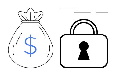Para çantasında bir dolar işareti ve güvenliği vurgulayan bir asma kilit var. Finans, tasarruf, bankacılık, güvenlik, yatırım, servetin korunması için ideal işlemler. Satır metaforu