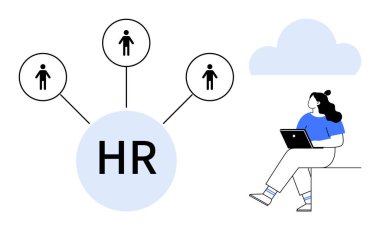 Human resources symbol connected to icons representing employees, woman working on laptop, cloud in background. Ideal for HR management, remote work, personnel tracking, cloud-based solutions clipart