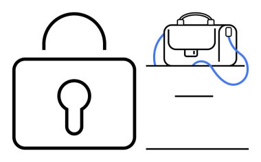 Çantanın yanında saplı ve kayışlı büyük bir asma kilit sembolü. Siber güvenlik, kişisel güvenlik, ofis güvenliği, gizlilik koruması, veri bütünlüğü, güvenli depo, seyahat güvenliği için ideal. Çizgi