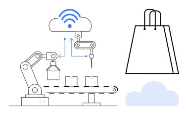 Robotik kol, kablosuz sembolle buluta bağlı bir taşıyıcı bandın üzerine kutular yerleştiriyor. Alışveriş torbası ve bulut ikonu yakında. Sanayi otomasyonu, teknoloji, online alışveriş, e-ticaret için ideal