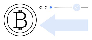 Çemberin içindeki Bitcoin sembolü, hareketi gösteren ileri ok, üç daireli ilerleme çubuğu ve bir işaret. Finans, kripto para birimi, işlemler, dijital ödemeler, yatırım için ideal