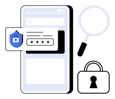 Parola giriş simgesi, büyüteç ve güvenliği vurgulayan kilit sembollü cep telefonu ekranı. Mobil güvenlik uygulamaları, veri koruma rehberleri, siber güvenlik kılavuzları, giriş işlemleri için ideal