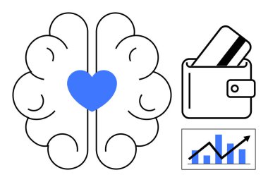 Mavi kalp merkezli beyin, kredi kartı taşıyan cüzdan ve yükselen eğilimli grafikler. Mali yönetim, zihinsel sağlık, duygusal zeka, iş stratejisi ve ekonomi için ideal