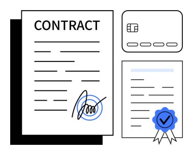 İmzalı sözleşme, mavi kurdeleli sertifikalı belge ve kredi kartı. İş anlaşmaları, yasal belgeler, mali işlemler, sertifikalar, resmi onaylar için ideal