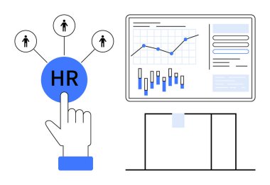 İnsan simgelerine bağlı HR düğmesini seçen el simgesi, grafikleri ve grafikleri gösteren veri tabanı. HR, veri analizleri, teknoloji entegrasyonu, iş yönetimi, çalışan yönetimi için ideal