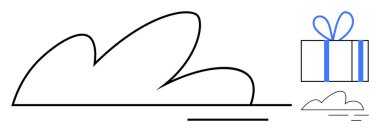 Düzgün paketlenmiş ve fiyonklu bir hediyenin yanında soyut bulut çizimi. Hava durumu uygulamaları, hediye servisleri, minimalist sanat eserleri, dijital markalaşma, yaratıcı tasarım, tatiller, vektör sanat ilhamı için ideal