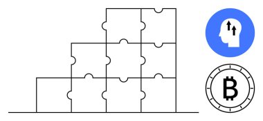 Bitcoin sembolü ve zihinsel büyüme simgesine bitişik yapboz parçaları yığılmış. Finansal strateji, kripto para birimi, problem çözme, yenilik, kişisel büyüme, yatırım, takım çalışması için ideal. Çizgi