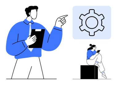 Pano gösteren bir adam, büyük vites simgesi, tablet kullanan bir kadın. İş, takım çalışması, işbirliği, planlama, verimlilik yönetimi iş akışı için idealdir. Satır metaforu