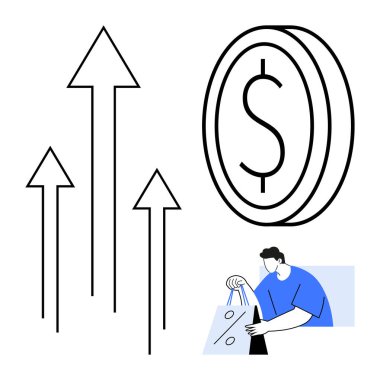Dolar işaretli büyük para, büyüdüğünü gösteren üç ok ve elinde alışveriş torbası tutan mavi gömlekli bir adam. Ekonomi, iş büyümesi, finans eğilimleri, perakende, yatırımlar ve tüketici için ideal