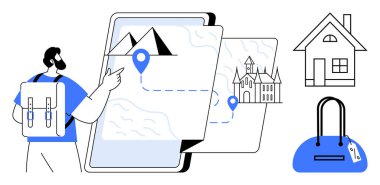 Sırt çantalı gezgin, dijital haritaya bakıyor. Dağa, kaleye, eve ve el çantasına giden yolu gösteriyor. Seyahat planı, turizm, sırt çantası, macera, seyahat gezisi için ideal