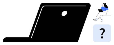 Büyük siyah dizüstü bilgisayar, soru işareti ve dizüstü bilgisayar tutan daha küçük bir kadın. Teknoloji değerlendirmeleri, yenilik analizleri, eğitim kullanımları, gelecekteki teknoloji tahminleri, dijital öğrenme için ideal