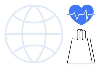 Küre sembolü mavi kalp atışları ve alışveriş çantasıyla birlikte. Sağlık, ticaret, küresel ticaret, e-ticaret, tıp hizmetleri, online alışveriş, küresel ticaret için idealdir. Satır metaforu