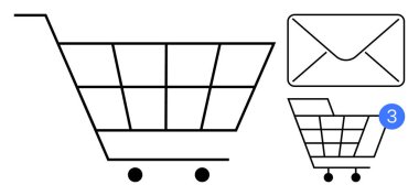 Tekerlekli alışveriş arabası, zarf simgesi, 3 yeni mesaj gösteren uyarı rozeti. E-ticaret, bildirimler, e-posta pazarlama, alışveriş uygulamaları, dijital iletişim, çevrimiçi hizmetler için ideal