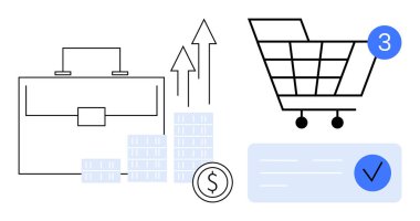 Çanta, yükselen çubuklar, para birimi sembolü ve üç tebligatlı bir alışveriş arabası, işlem tamamlandı. İş büyümesi, e-ticaret, mali başarı ve çevrimiçi alışveriş için ideal