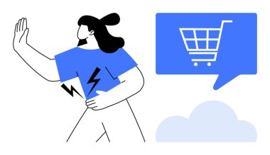 Konuşma balonunda alışveriş arabası sembolü olan bir kadın reddedilmek için elini kaldırdı. E-ticaret, tüketici davranışı, çevrimiçi alışveriş, dijital pazarlama, karar verme, tüketim karşıtı, kişisel