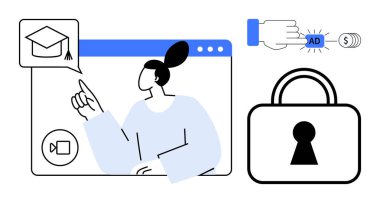 Tarayıcı penceresindeki kadın karakter mezuniyet şapkasını işaret ediyor, el düğmesine basıyor, anahtar deliği ile kilitleniyor. Çevrimiçi eğitim, dijital pazarlama, güvenlik, sanal toplantılar, e-öğrenme, İnternet