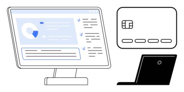 Bilgisayar ekranında finansal veriler, çizelgeler, kredi kartı, siyah dizüstü bilgisayar görünüyor. Finans, internet bankacılığı, dijital ödemeler, e-ticaret, iş teknolojisi finansal güvenlik için idealdir. Satır metaforu