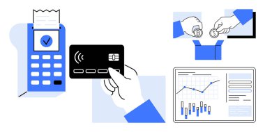 POS terminalinde kullanılan kredi kartı, kutuya bozuk para koyan eller ve finansal verileri gösteren bilgisayar ekranı. E-ticaret, fintech, bankacılık, dijital işlemler, bütçe