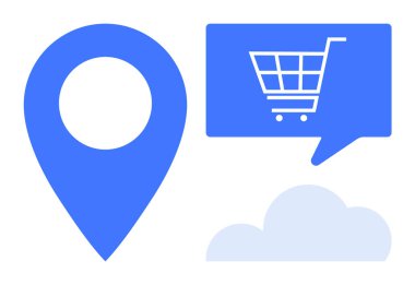 Harita iğnesi, diyalog balonunda alışveriş arabası ve bulut. E-ticaret, konum hizmetleri, dijital pazarlama, online alışveriş, bulut hesaplama, dağıtım takibi, mobil uygulamalar için ideal. Satır metaforu