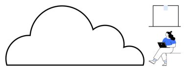 Büyük bulut simgesinin yanında dizüstü bilgisayar kullanan kişi bulut deposunu simgeler. Küçük veri penceresi bilgi erişimini temsil ediyor. Teknoloji blogları, bulut depolama, uzaktan çalışma, veri güvenliği için ideal