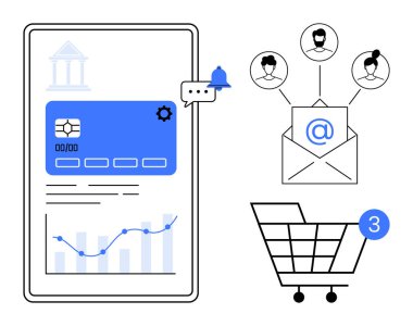 Kart ve grafikle mobil bankacılık arayüzü, sohbet bildirimi, kullanıcı simgeleriyle e-posta ve üç öğe ile alışveriş arabası. Çevrimiçi finans, iletişim, e-ticaret, pazarlama ve teknoloji için ideal