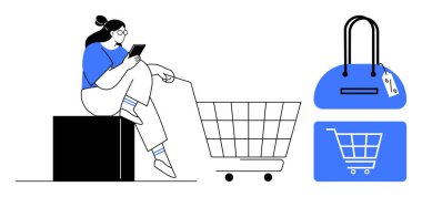 Bir blokta oturan kadın akıllı telefon, alışveriş arabası, etiketli çanta, mağaza ikonu kullanıyor. E-ticaret, çevrimiçi alışveriş, dijital perakende, mobil ticaret, tüketici davranışları için ideal