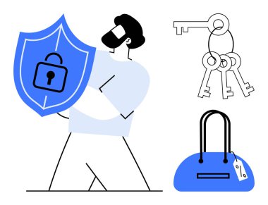 Erkek karakter kalkanı kilitli, üç anahtar, güvenlik ve korunmayı gösteren güvenli bir çanta. Siber güvenlik, kişisel güvenlik, mahremiyet, çevrimiçi güvenlik, kimlik koruması için ideal